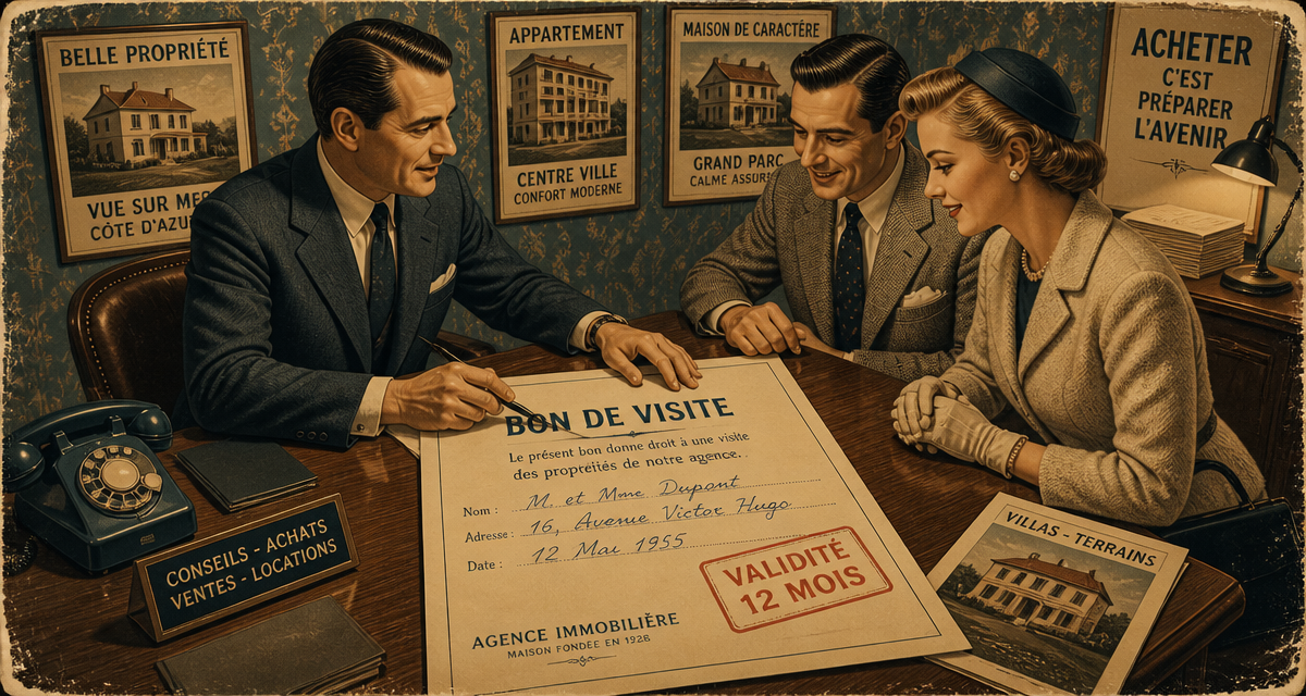 Durée de validité d'un bon de visite agence immobilière, agent fait signer document vintage
