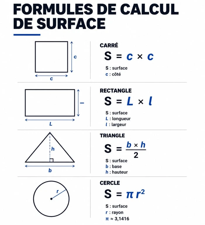 Formules de calcul de surface pour différentes formes géométriques