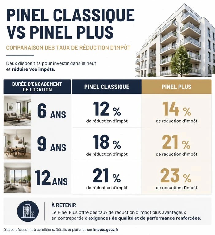 Comparatif des taux de réduction d'impôt Pinel classique et Pinel Plus pour un investissement immobilier à Toulouse
