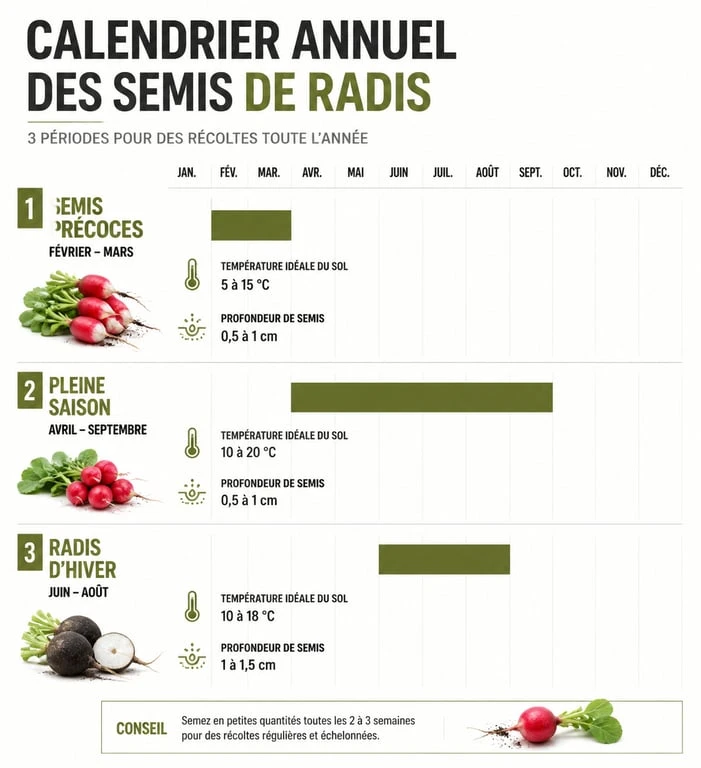 Calendrier annuel pour savoir quand semer les radis au potager selon les variétés et les saisons