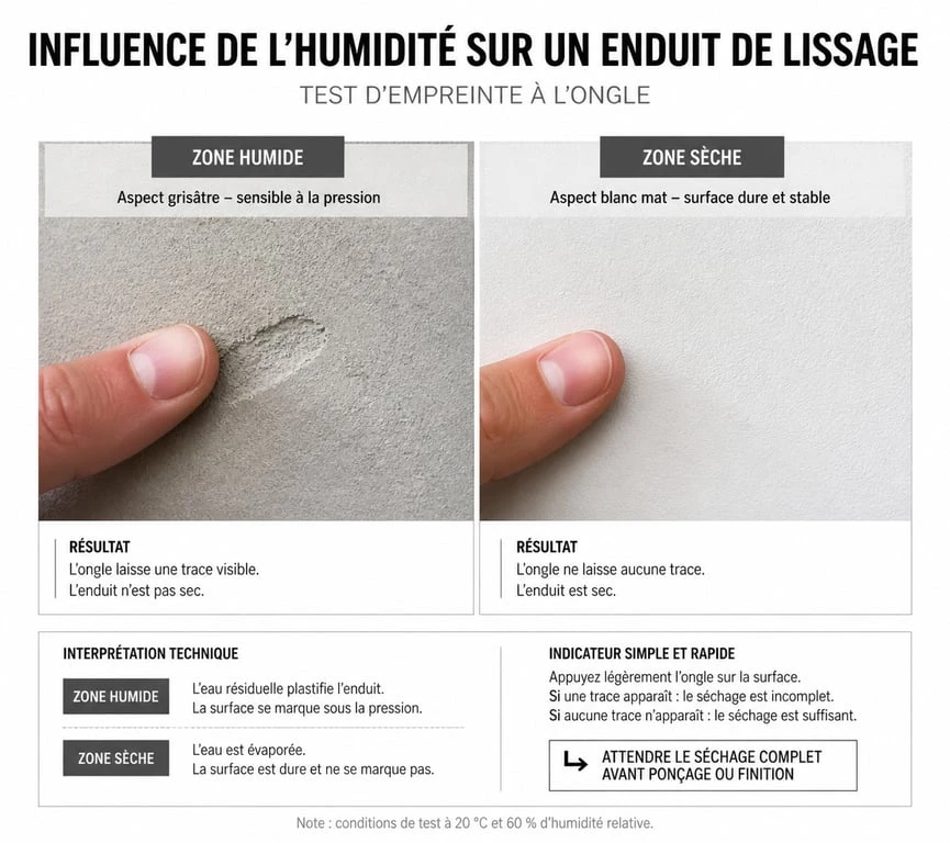 Test de séchage enduit de lissage avant ponçage : comparaison visuelle entre enduit humide et enduit sec