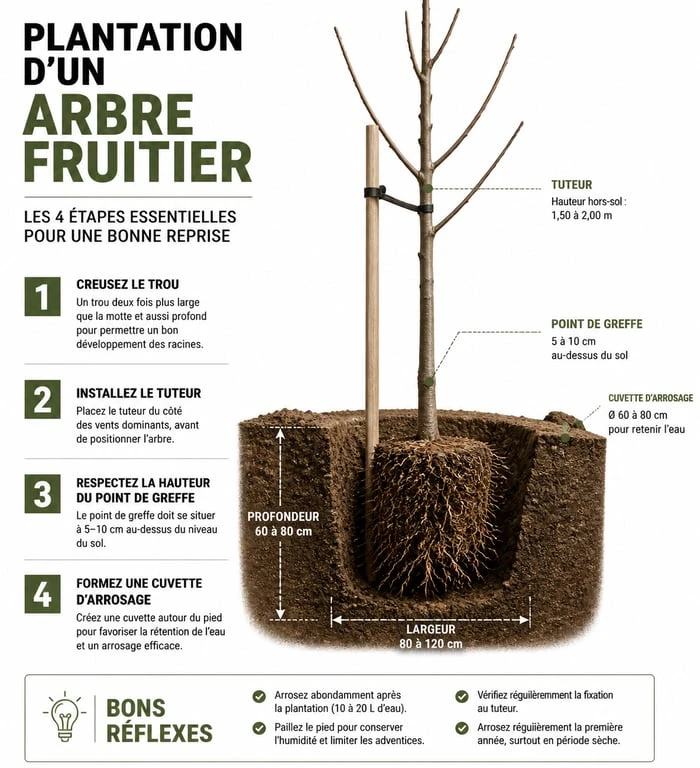 Infographie illustrant les étapes clés pour planter un arbre fruitier avec succès
