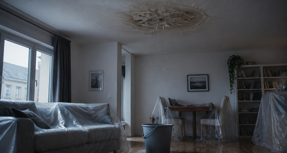 infiltration d'eau plafond avec auréole et seau