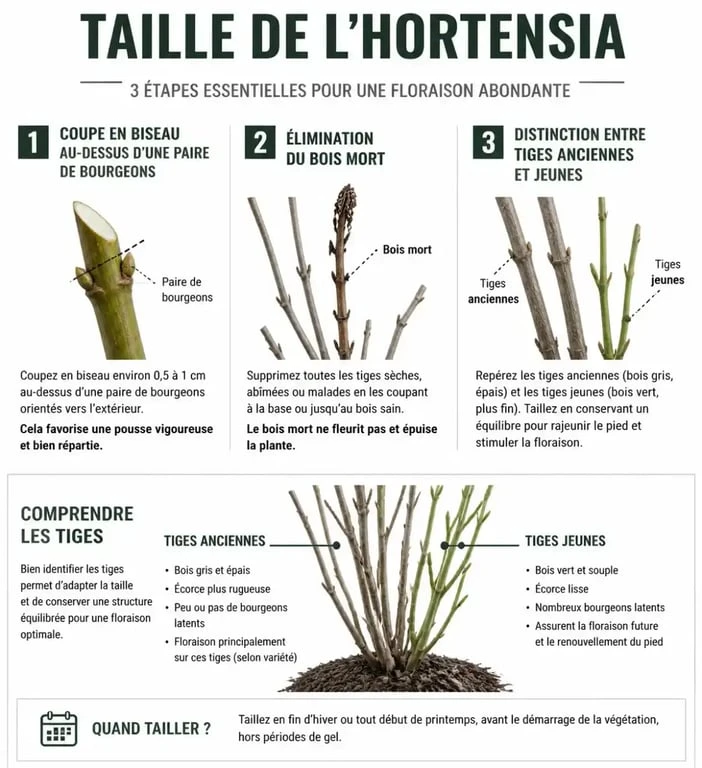 Schéma explicatif des étapes pour réussir la taille de vos hortensias au jardin