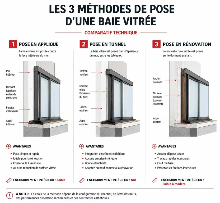 Schéma comparatif des méthodes d'installation de baie vitrée : applique, tunnel et rénovation