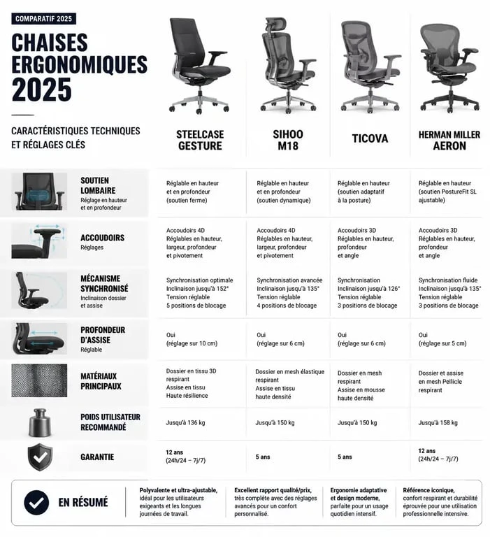 Comparatif des meilleures chaises ergonomiques 2025 : Steelcase, SIHOO, Ticova et Herman Miller