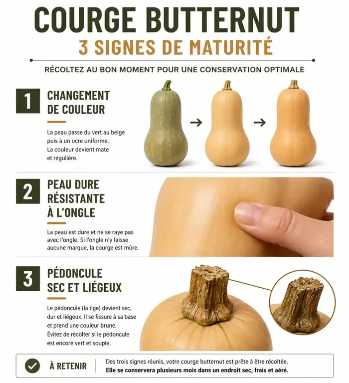 Infographie illustrant les signes de maturité pour savoir quand cueillir les butternut au potager