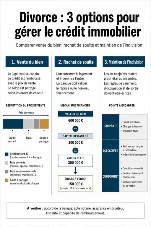 Infographie des options de gestion d'un crédit immobilier en cas de divorce et séparation