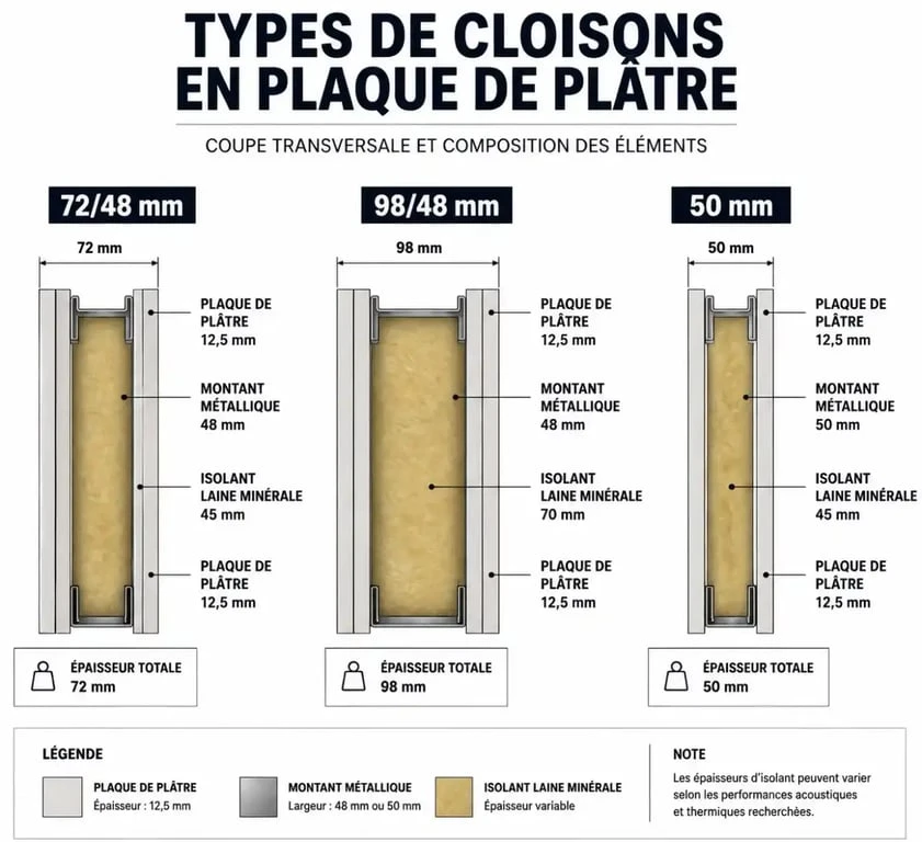 Schéma technique des différentes épaisseurs de cloison en Placo : 72/48, 98/48 et 50mm pour comprendre la composition.