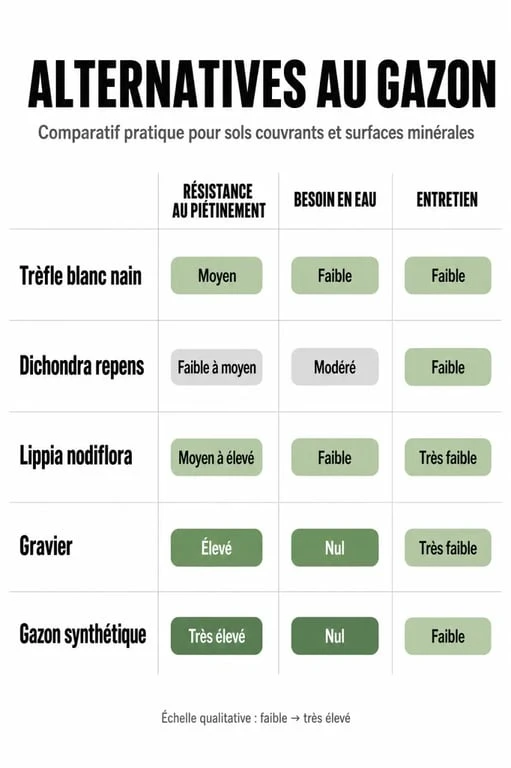Tableau comparatif des alternatives au gazon pour remplacer la pelouse traditionnelle
