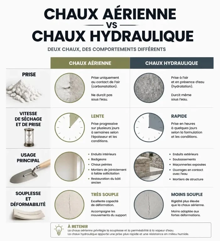Infographie comparative des propriétés de la chaux aérienne et de la chaux hydraulique pour la rénovation.