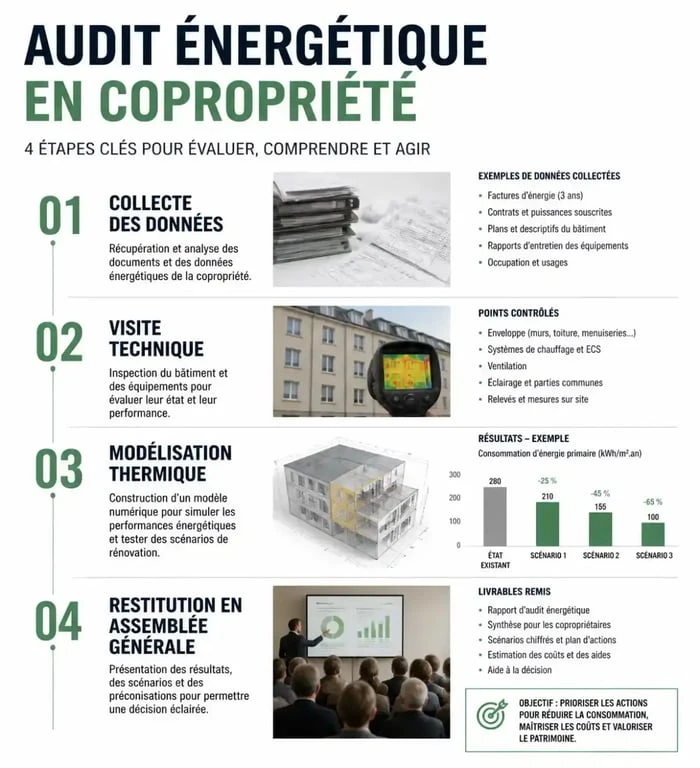 Infographie des étapes de l'audit énergétique en copropriété