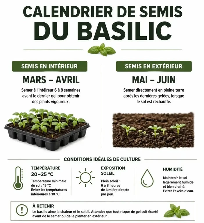 Calendrier et conditions optimales pour semer le basilic au potager ou en intérieur