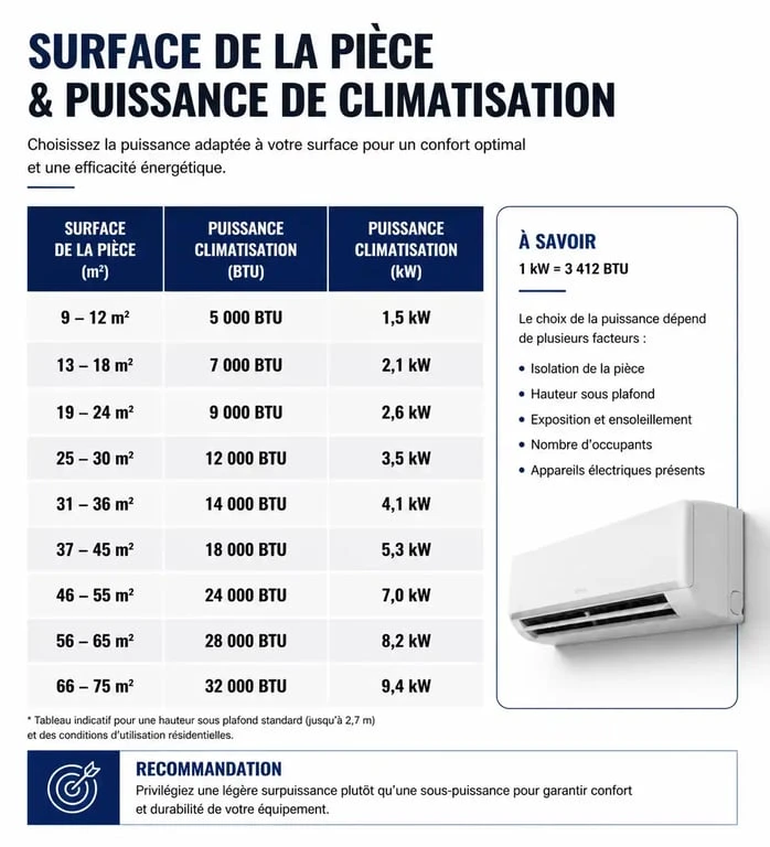 Infographie montrant la puissance de climatisation nécessaire en BTU et kW selon la surface de l'appartement