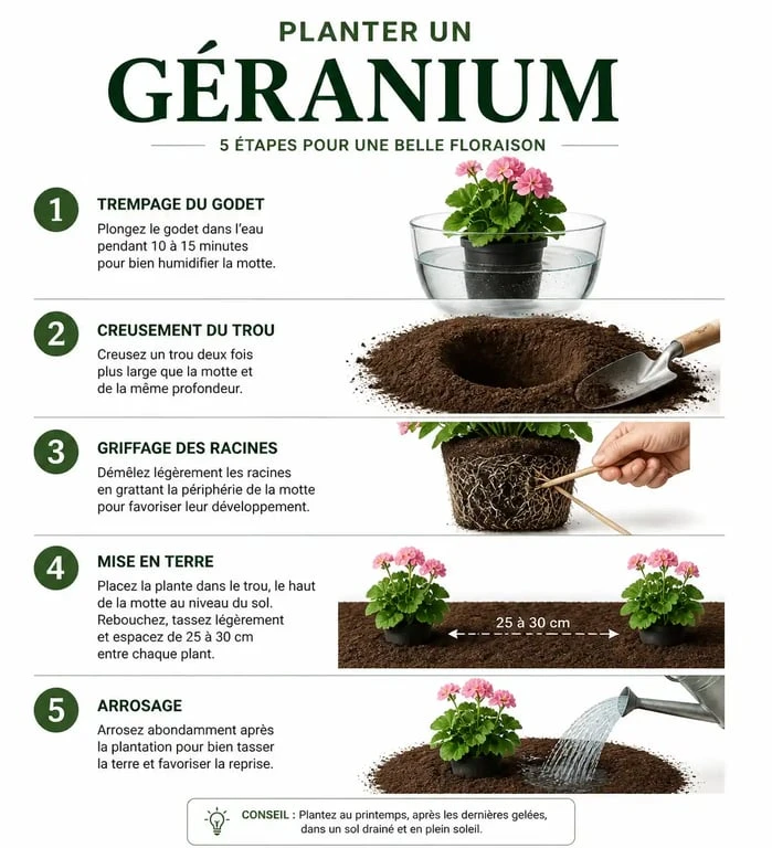 Étapes de plantation des géraniums : guide visuel pour réussir la mise en terre de vos fleurs