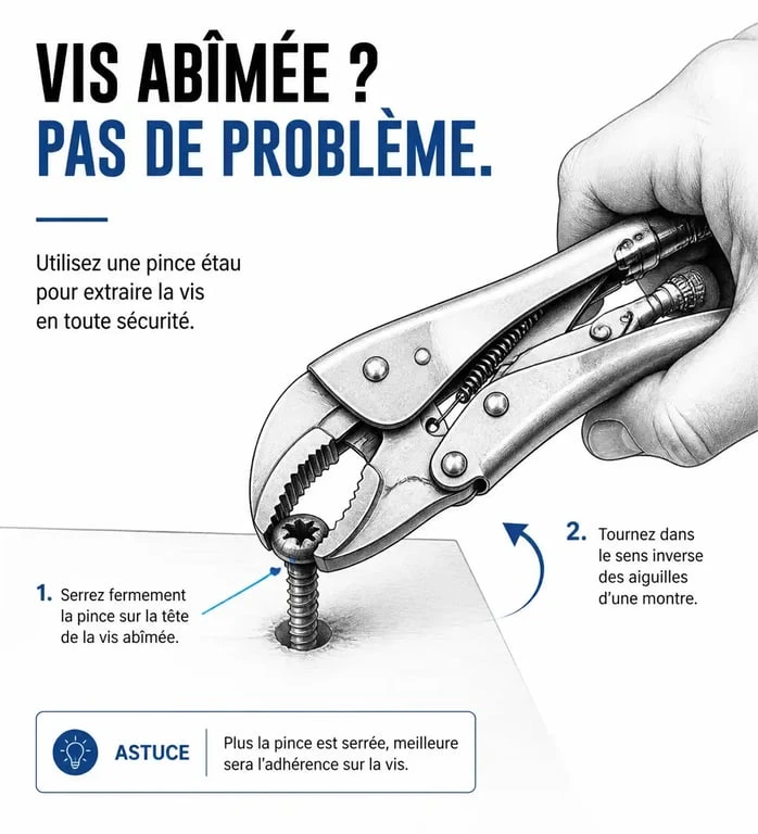 Technique pour extraire une vis dont le pas de vis est foiré avec une pince étau