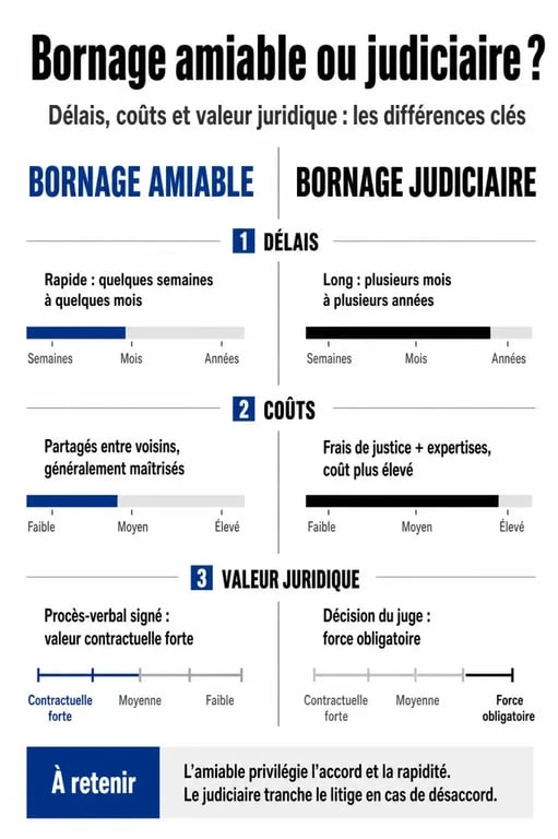 Infographie comparative du bornage amiable et judiciaire pour géomètre bornage