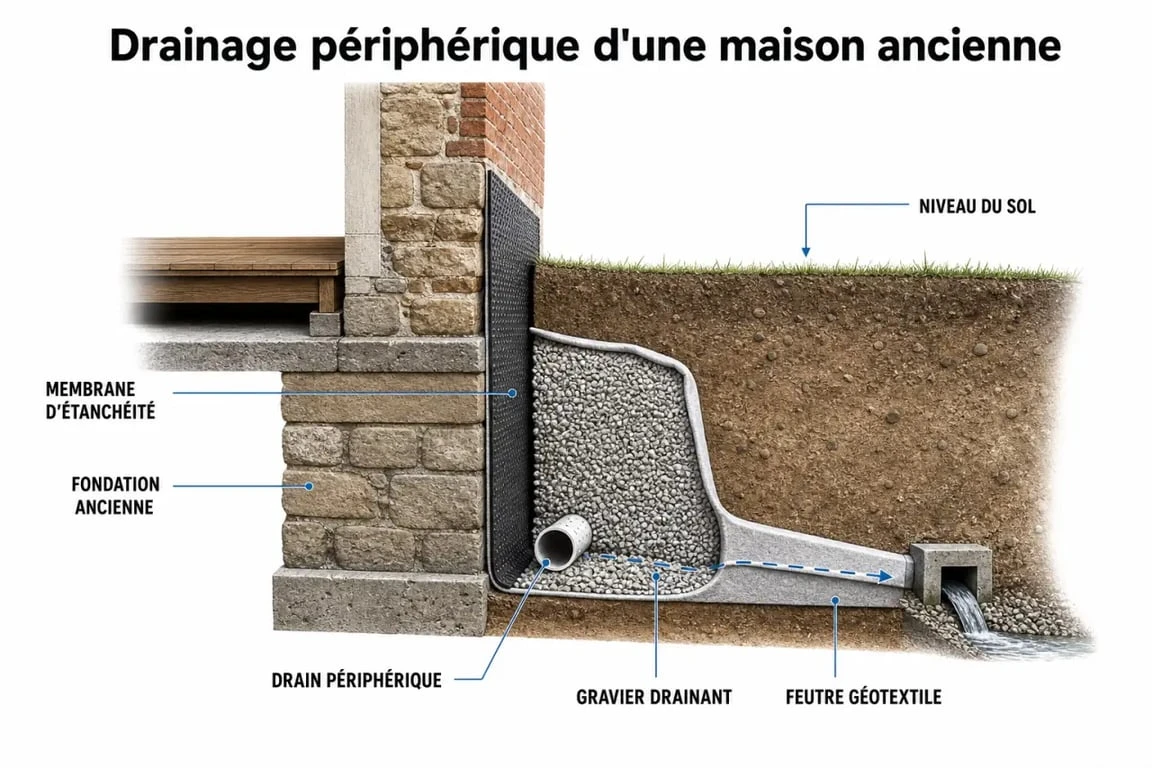 Schéma technique d'un système de drainage pour maison ancienne avec détail des composants et des coûts