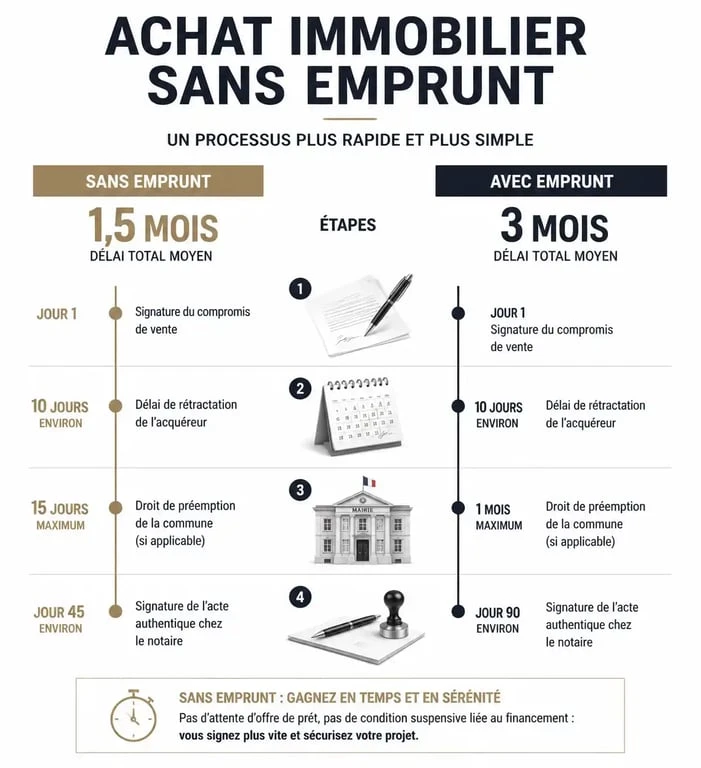 Infographie des étapes et délais d'un compromis de vente sans emprunt immobilier