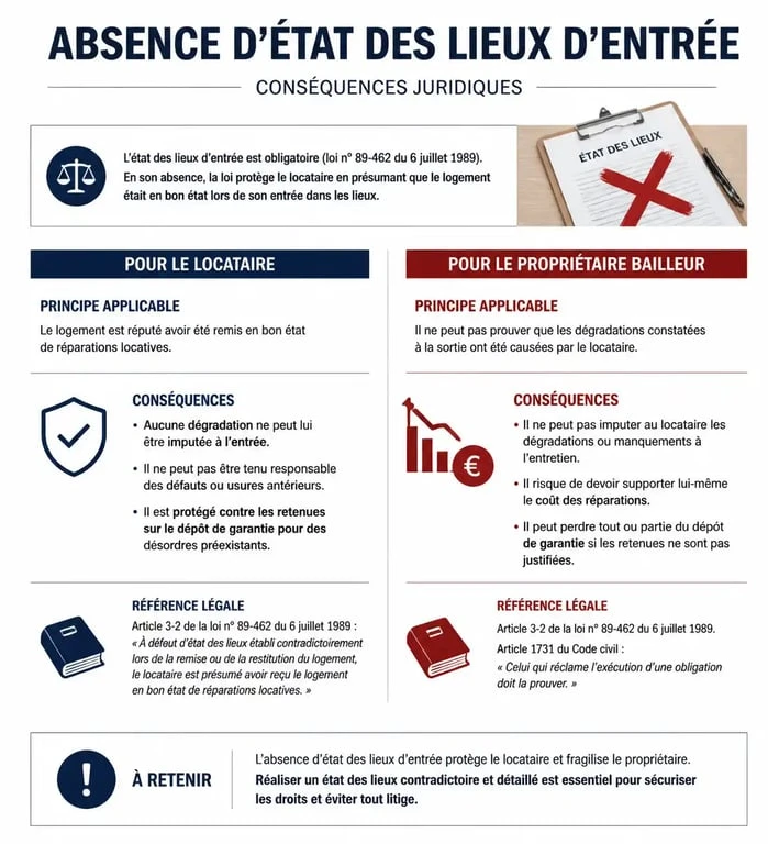 Infographie sur les conséquences juridiques de l'absence d'état des lieux d'entrée pour le locataire et le bailleur