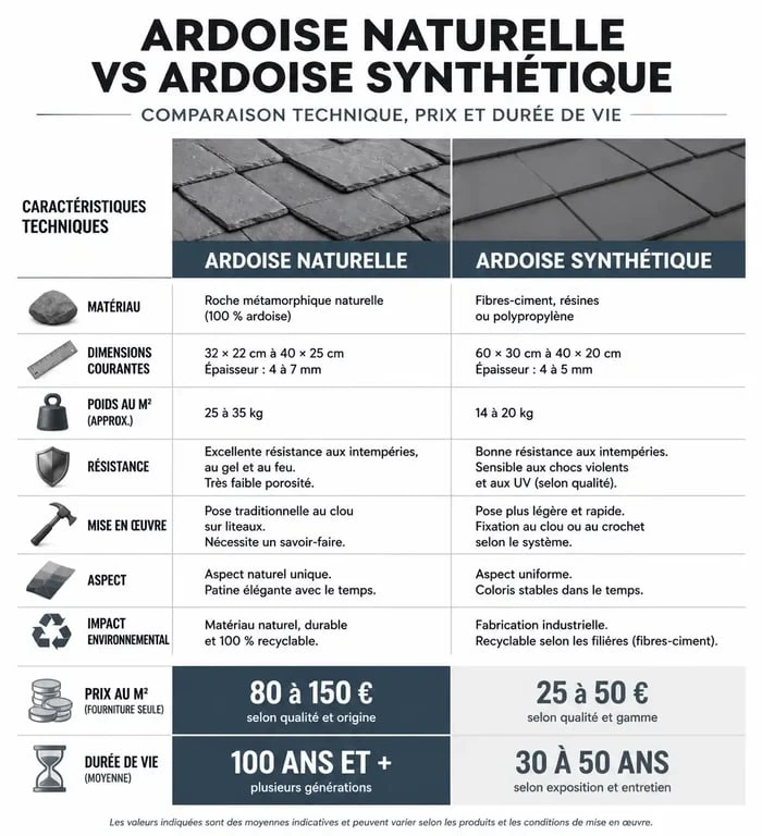 Comparatif prix et caractéristiques toit en ardoise naturelle vs synthétique
