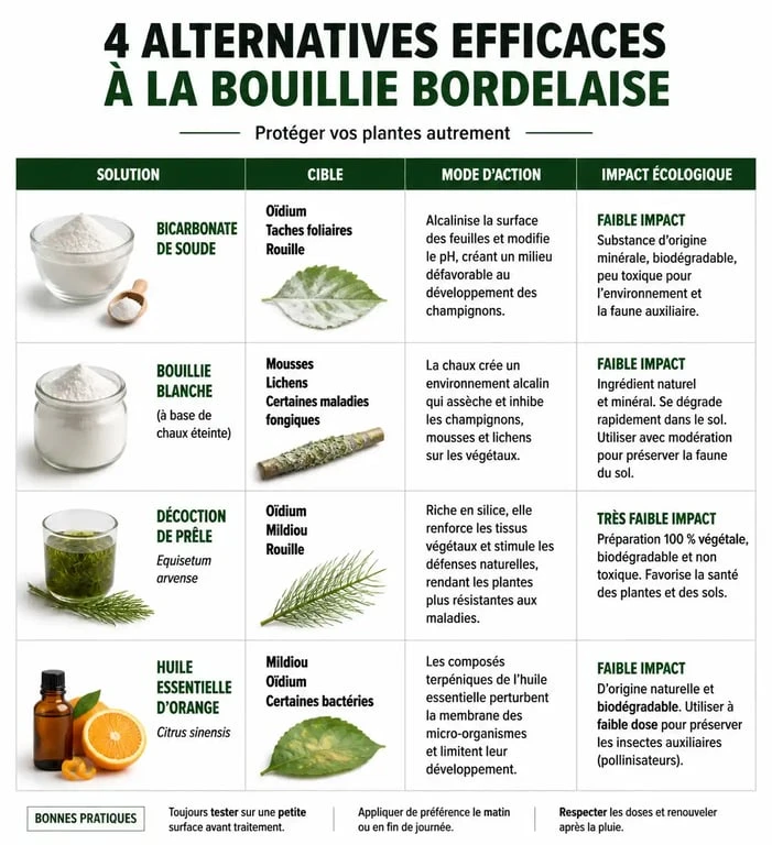 Infographie comparative des alternatives naturelles à la bouillie bordelaise pour le jardin