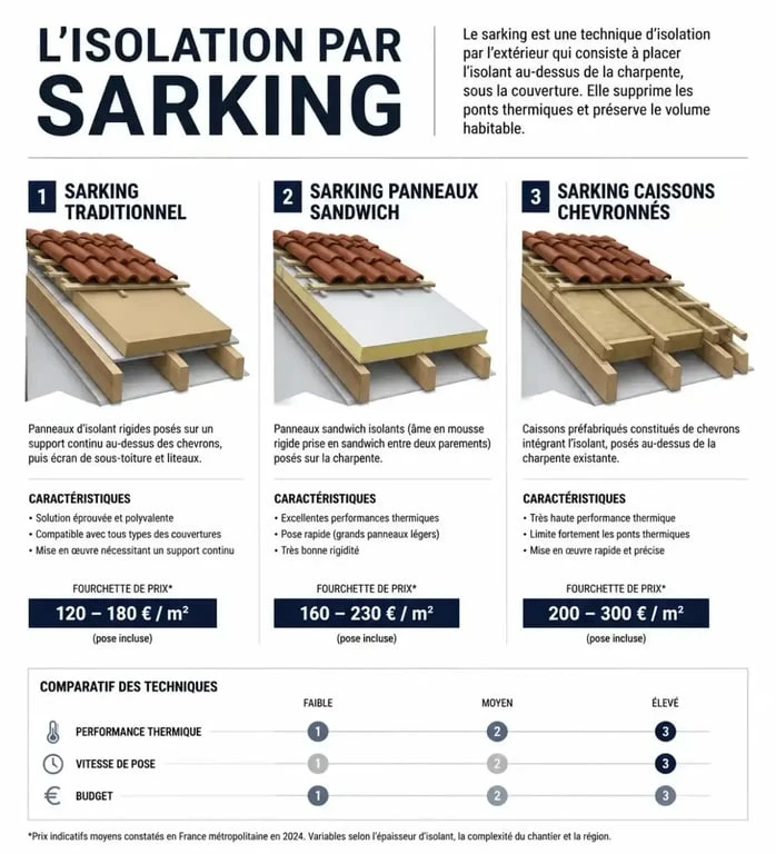 Comparatif des prix au m² pour l'isolation de toiture par sarking selon la technique utilisée