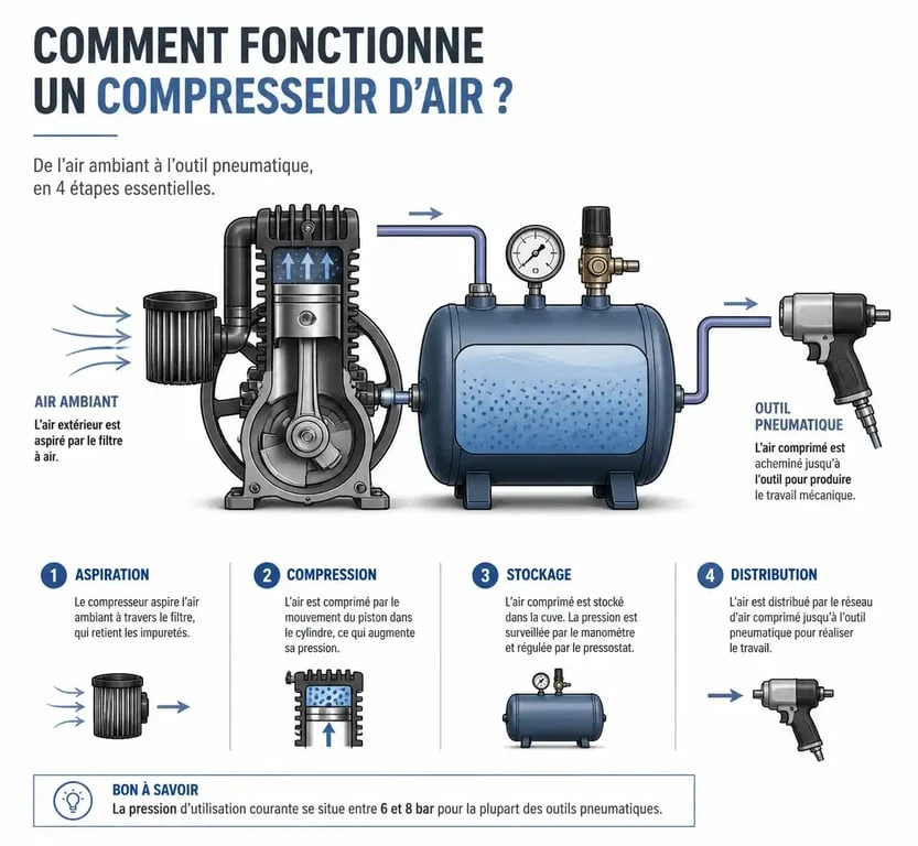 Schéma de fonctionnement d'un compresseur d'air pour comprendre à quoi sert un compresseur