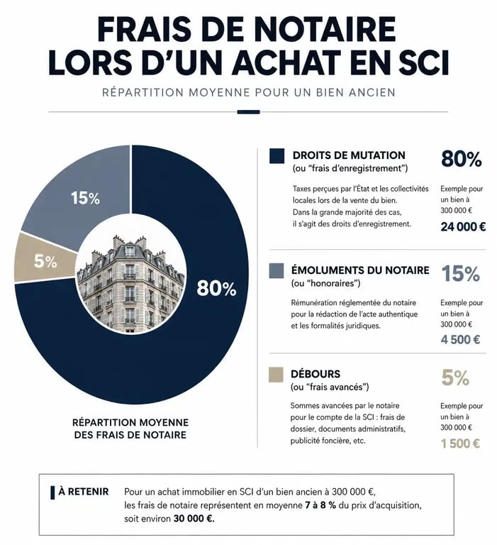 Décomposition des frais de notaire pour une SCI : répartition entre taxes, émoluments et débours
