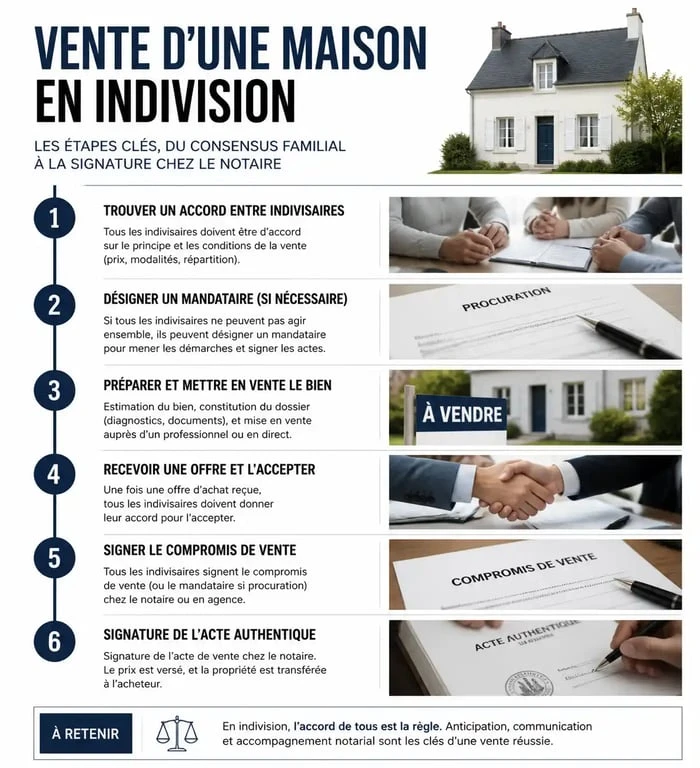 Schéma des étapes de la vente d'une maison en indivision entre frère et sœur