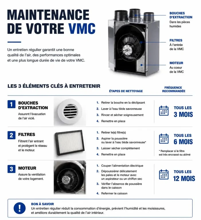 Infographie des étapes et fréquences de maintenance VMC pour un air intérieur sain