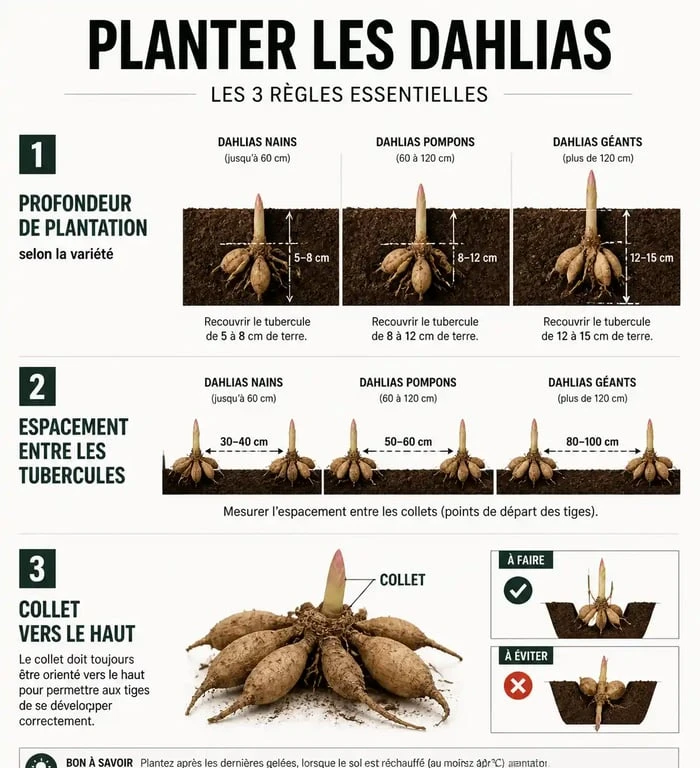 Schéma explicatif pour planter les dahlias en pleine terre : profondeur et espacement