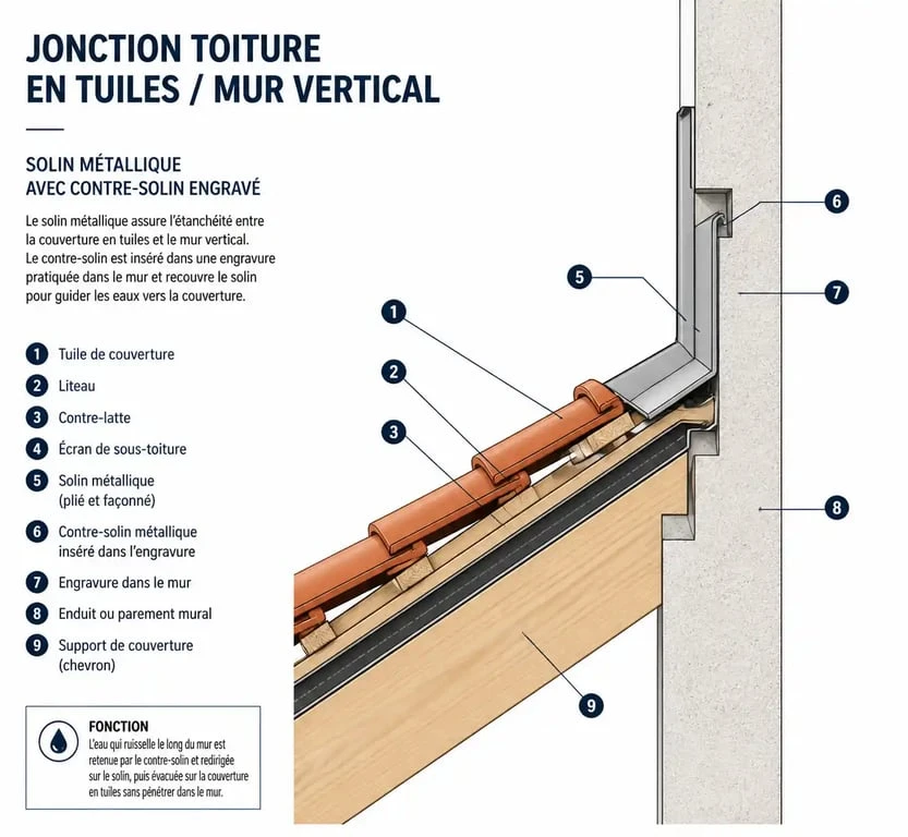 Schéma technique de la pose d'un solin pour l'étanchéité d'un toit contre un mur