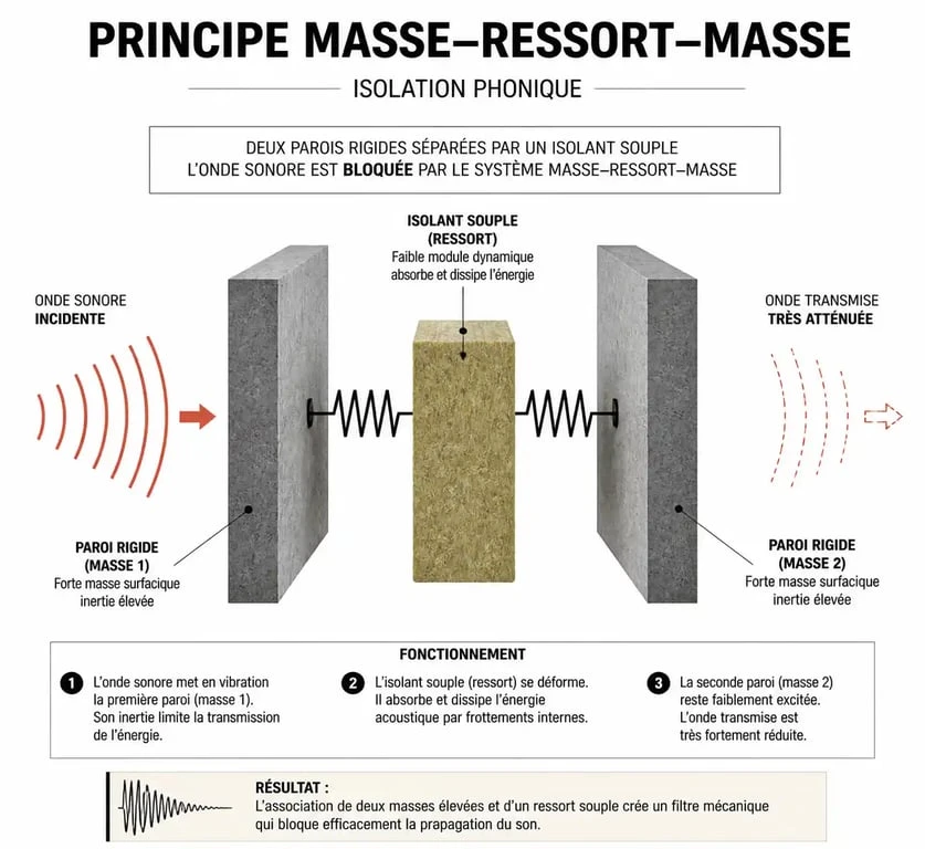 Schéma explicatif du principe masse-ressort-masse pour isoler phoniquement une pièce