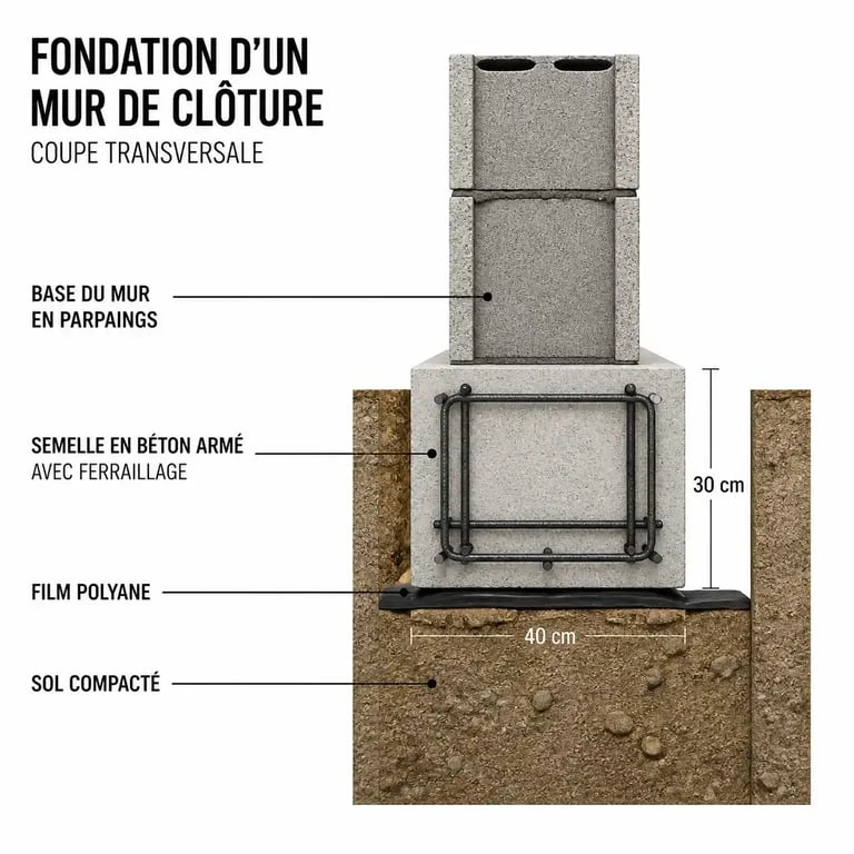 Schéma en coupe d'une fondation de mur de clôture avec semelle en béton et ferraillage