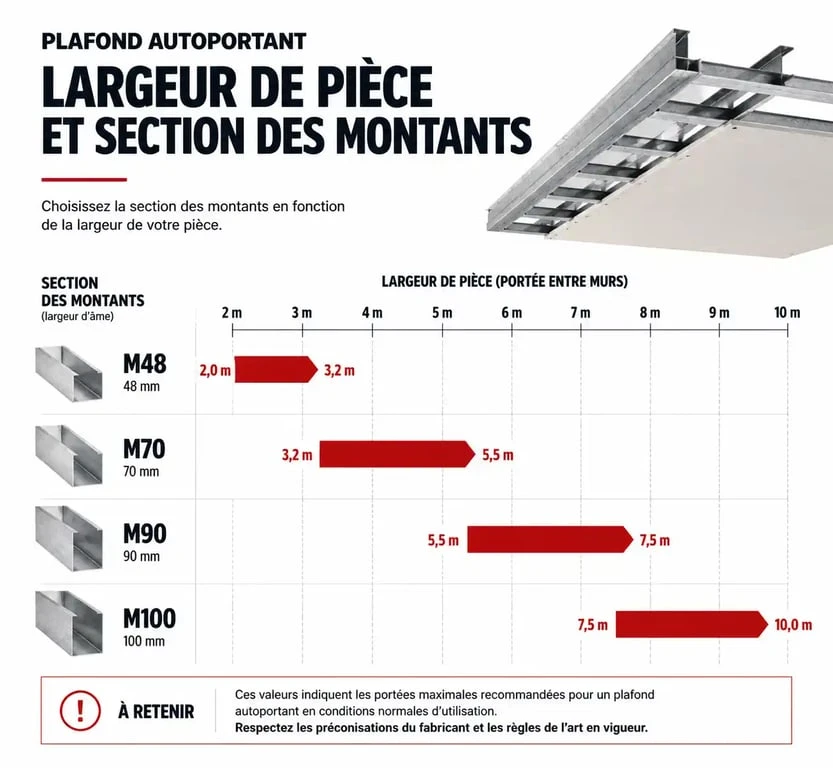 Tableau récapitulatif des portées maximales pour plafond autoportant selon le type de montant
