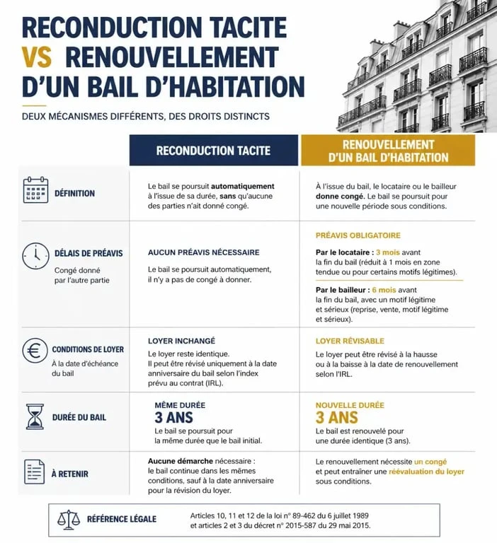 Infographie comparative : reconduction tacite vs renouvellement de bail 3 ans