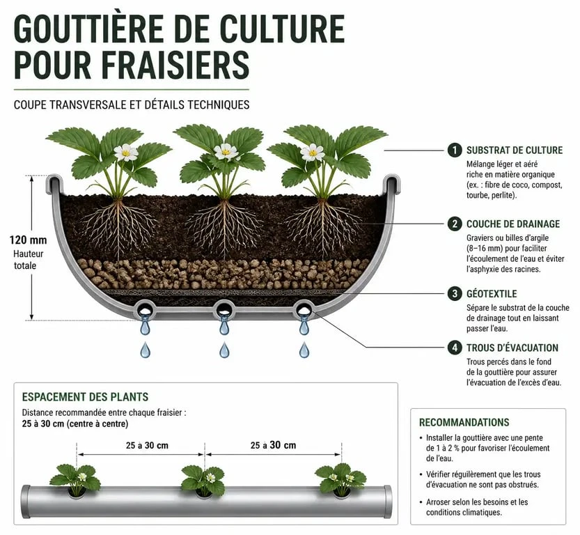 Schéma technique de culture de fraisier dans gouttière avec drainage et substrat