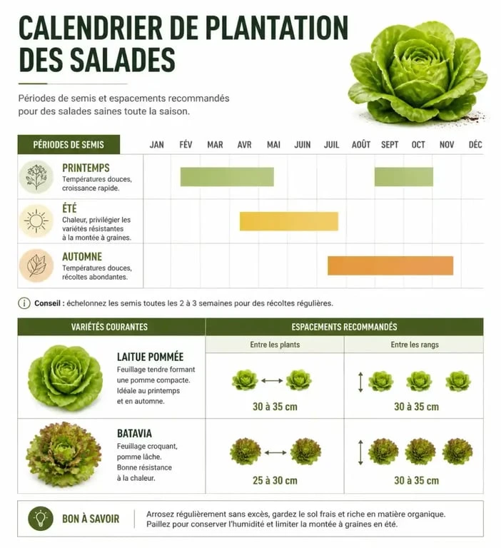Infographie du calendrier de plantation des salades et espacements recommandés au potager