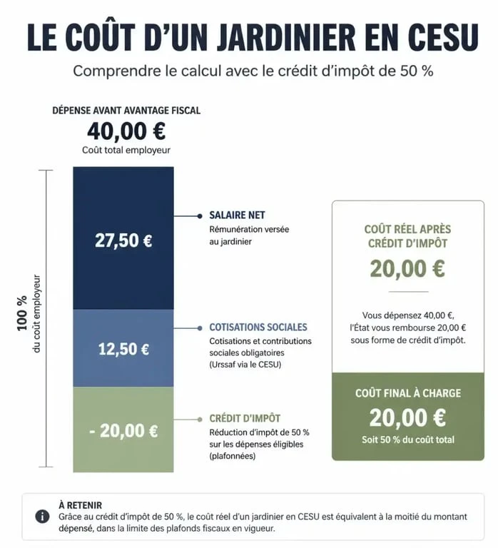 Infographie du coût réel d'un jardinier CESU après crédit d'impôt de 50%