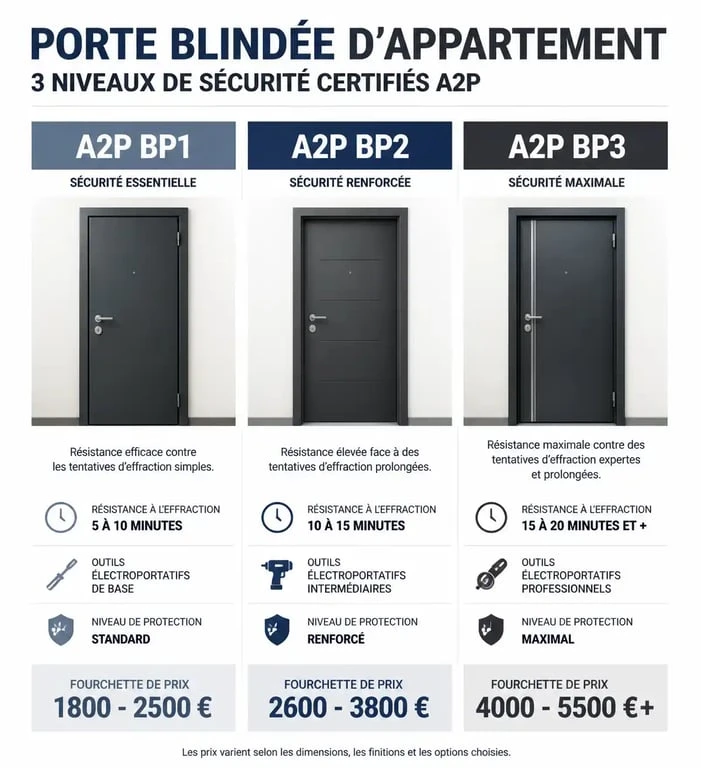 Infographie comparative des prix et niveaux de sécurité des portes blindées pour appartement