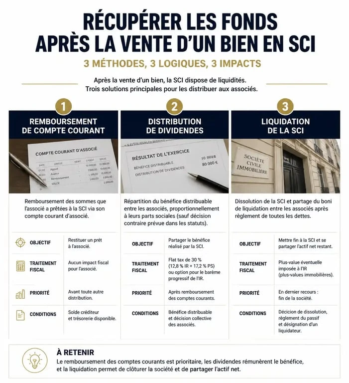 Schéma des méthodes pour récupérer l'argent de la vente d'un bien en SCI : compte courant, dividendes et liquidation