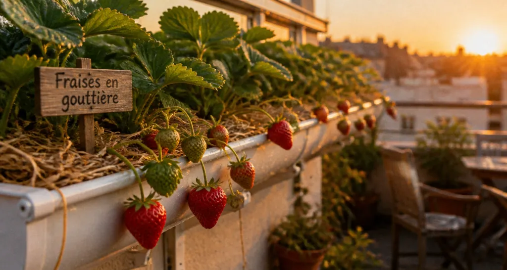 fraisier dans gouttière sur terrasse urbaine