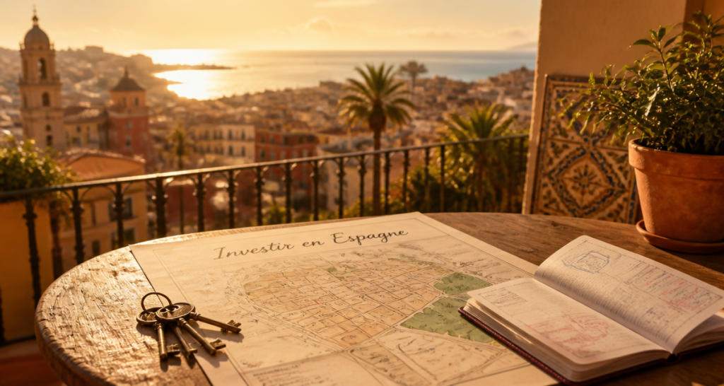 Investir en immobilier en Espagne, terrasse sur ville côtière