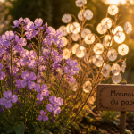 Planter monnaie du pape fleurs violettes et disques argentés