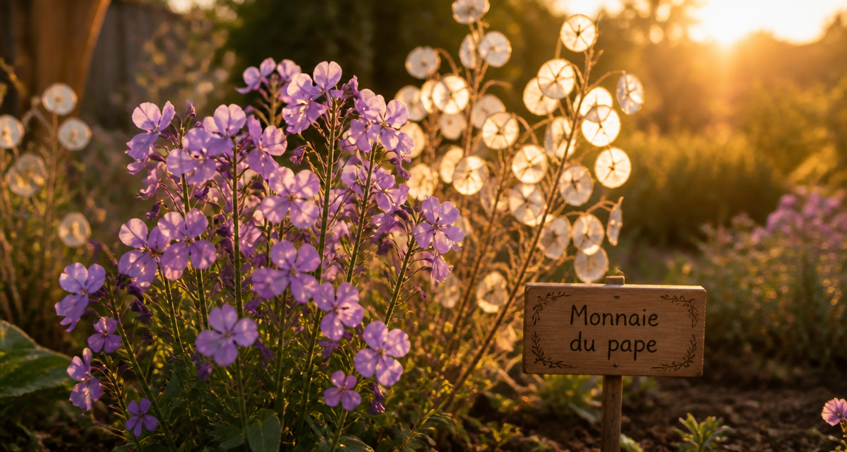 Planter monnaie du pape fleurs violettes et disques argentés