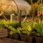Quand planter des salades : jeunes salades en godets, potager au soleil