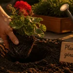 Quand planter geranium : main plantant un pélargonium avant le gel