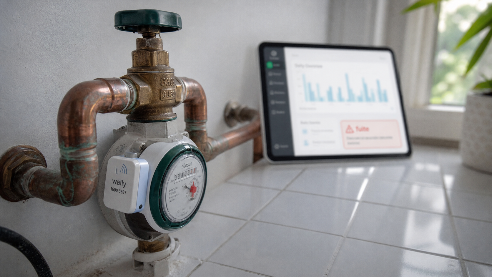 Compteur d eau connecté détectant une fuite, alerte sur tablette