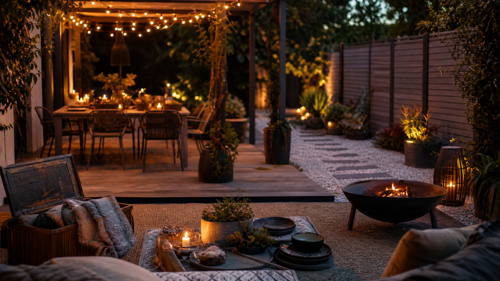 Déco jardin extérieur : terrasse chaleureuse avec brasero et guirlandes